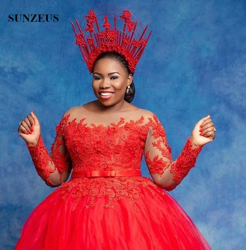 

Ball Gown Long Sleeves Red Evening Dresses Illusion Neck Appliques Lace African Women Formal Dress Tulle Party Gowns
