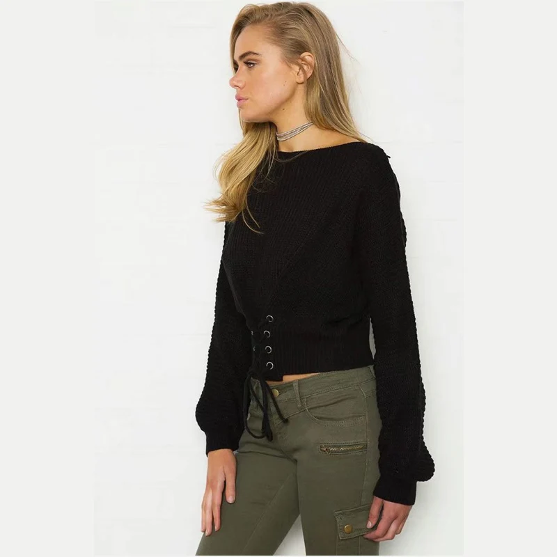 Autumn Batwing long sleeve sweater Lace up pullover short crop top casual knit | Женская одежда