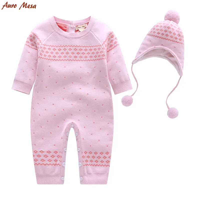 Детский Зимний вязаный комбинезон с шапкой Теплая Рождественская Одежда для