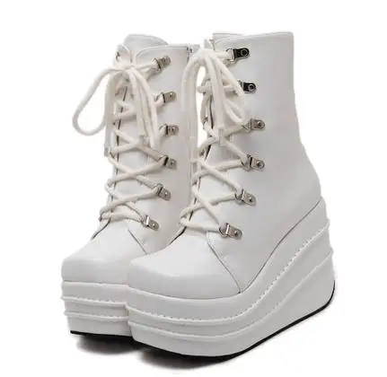 Botas Mujer Plataforma/ г. Зимние женские ботинки белые ботинки на высокой танкетке в стиле панк ботинки на платформе со шнуровкой Размеры 35-43