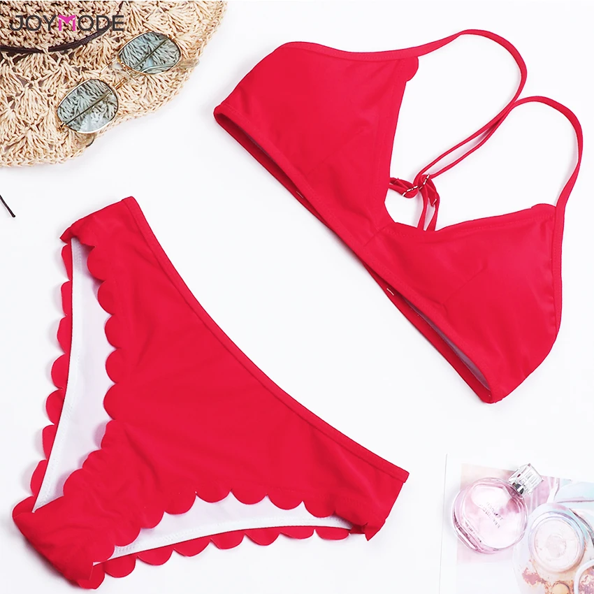 

JOYMODE 2018 New Sexy red swimwear women Bikini Set Wired Bra Bandage Strap Swimsuit Push up Two piece Tankini B