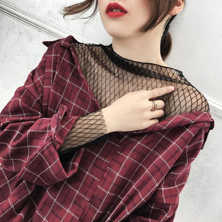 Женская клетчатая блузка с открытыми плечами винтажная рубашка длинным рукавом