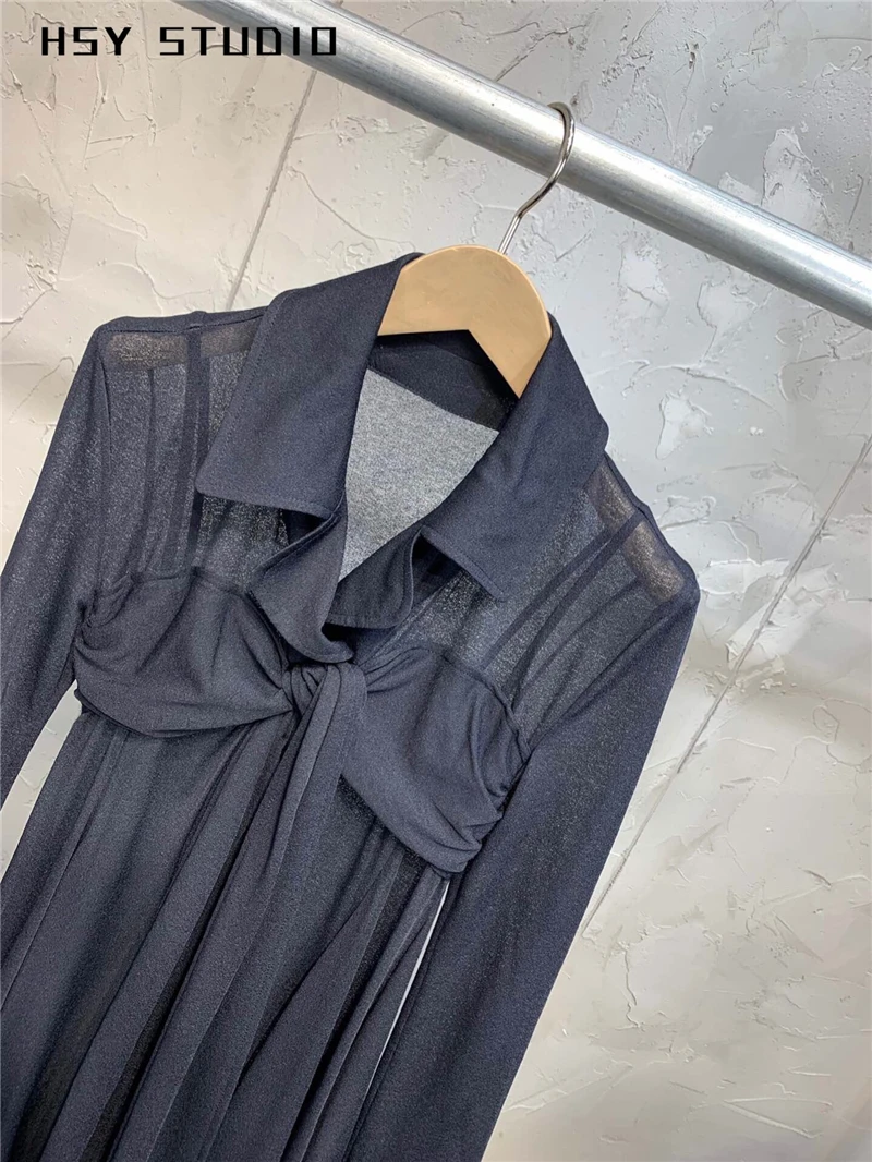 【HSY Studio】 2019 summer new fashion high waist trendy long sleeve sexy black women shirt maxi dress | Женская одежда