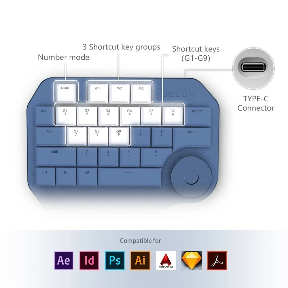 Delux T11 Designer Keyboard With Smart Dial 3 Group Customizable Keys Keypad Mechanical Single Hand For Gaming Software