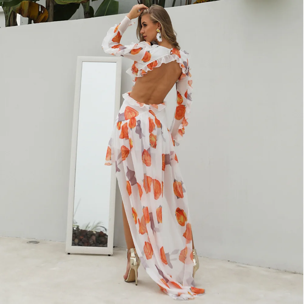 

Summer 2019 Ruffles Celebrity Backless Full Print Dress Sexy Women O Neck Beach Style Fashion Body con Party Dresses Wholesale