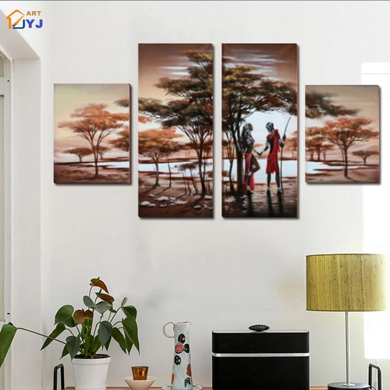 4 панели без рамки Большой Африканский пейзаж картина на стену искусство ручной