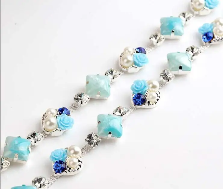 1 ярд розовые жемчужные бусины в форме цветка стразы кисточки Посеребренная