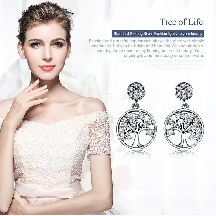 Bijoux, модный дизайн, 925 пробы, серебряные серьги, дерево жизни, прозрачные CZ серьги-гвоздики для женщин, роскошные серебряные ювелирные изделия Brincos