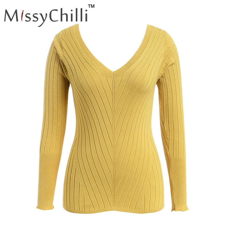 MissyChilli Knitting bodycon long sleeve summer sweater Women v neck soft solid pullover Female sexy white slim fitness jumper | Женская