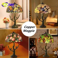 FUMAT Copper Magpie Aemrican Style Tiffany Stained Glass Table Lights For Bed Room Dining Room  Art Retro Decorative Table Lamp