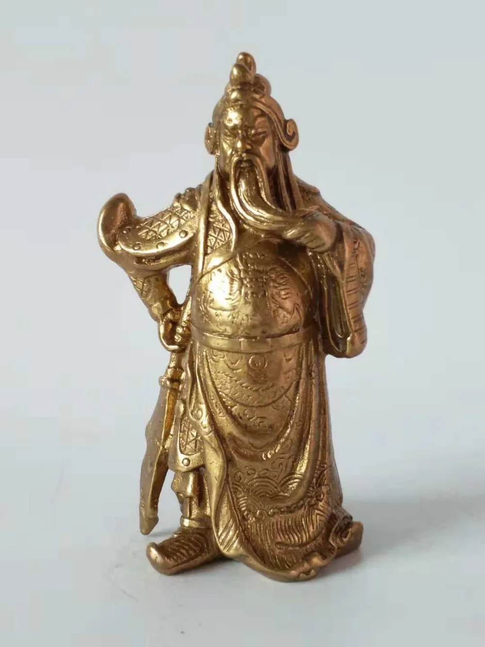 

Chinese Brass Dragon Guan Gong Yu Warrior God Guangong Hold Sword Sculpture
