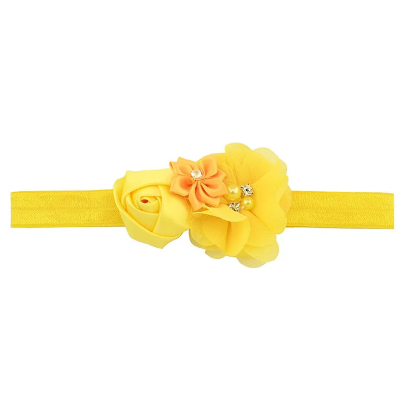 15 Yellow Лента, шифон, цветы, жемчуг, эластичная повязка на голову со стразами, для новорожденных, повязка на голову, аксессуары для волос, повязка на голову для девочек - Цвет: 15 Yellow