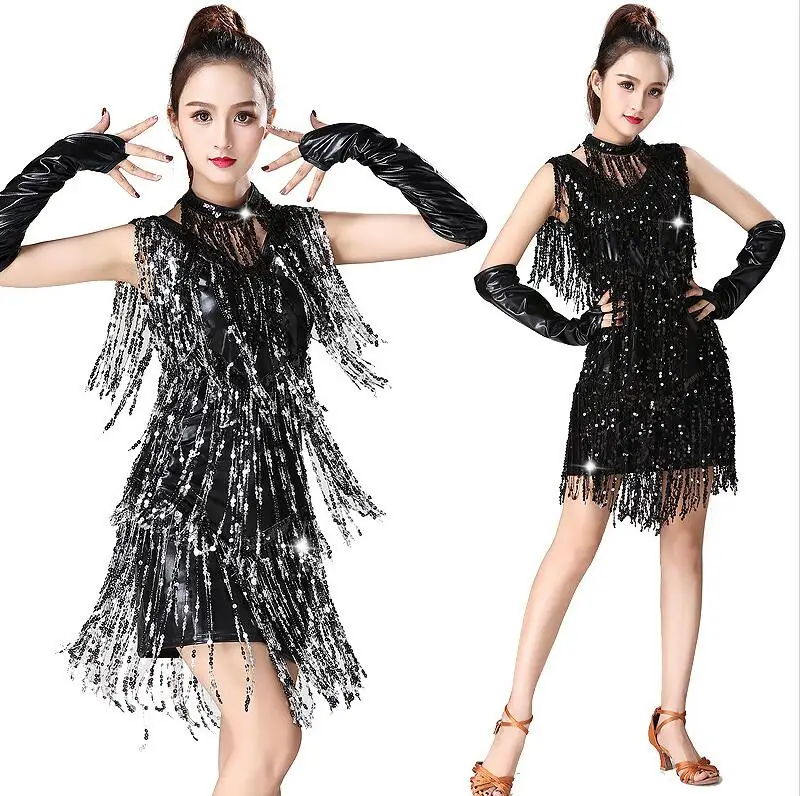 Black Silver Новое платье для латинских танцев, женские платья для латинских танцев, сексуальные платья для сальсы/бальных танцев/Танго/ча-ча/румбы/самбы/платья для латинских танцев - Цвет: Black Silver