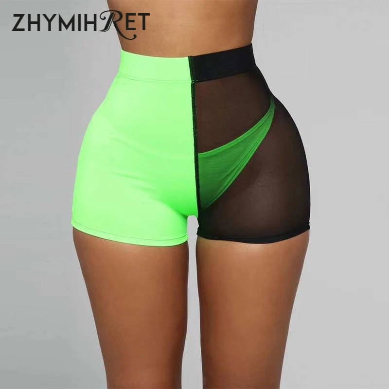 ZHYMIHRET неоновый цвет сетки пэчворк с высокой талией шорты женские Fittness байкерские