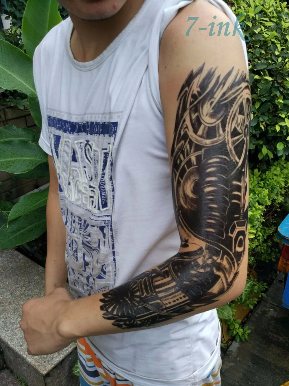 Водостойкая наклейка для татуировок на всю руку цветок череп робот Временный