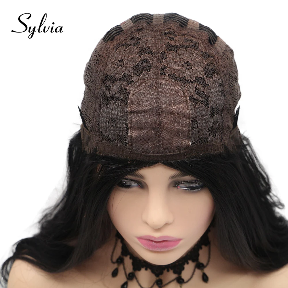 Sylvia 1b# естественная волна синтетических полный машины парики пробор черные кружева бесклеевого жаропрочных волокно волос