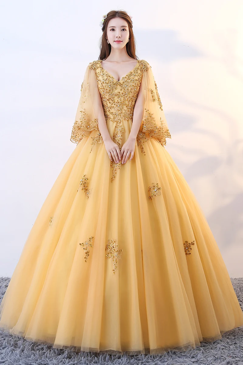 Quinceanera платье золотистого цвета кружевное Пышное фатиновое с аппликацией из
