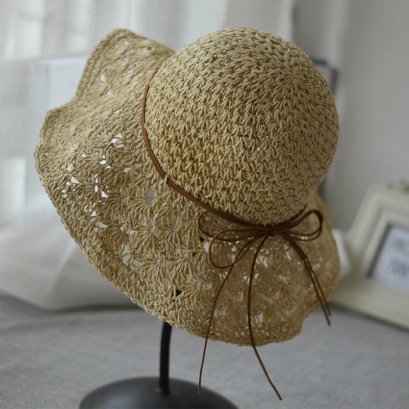 

Summer Parent-child Sun Hats Big Brim Hollow Out Handmade Straw Hat Caps Summer Sunscreen Beach Casual Ladies Girl Foldable Hat