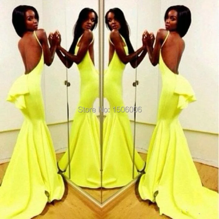 

Yellow halter Newest Design Halter Evening Gowns Sweep-train Sexy backless Mermaid Special back Evening Dresses Prom Dress BB001