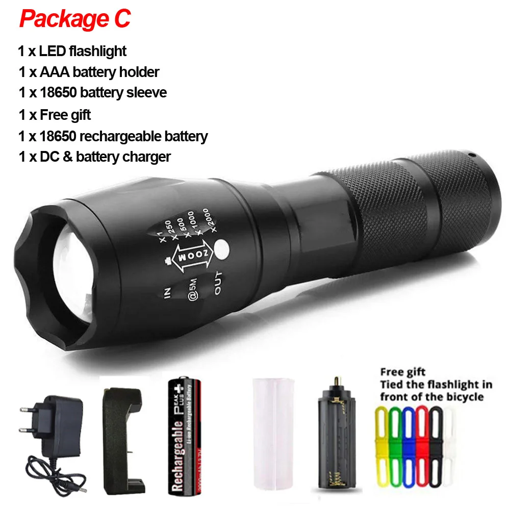 Package C LightingView открытый масштабируемый T6/L2 светодиодный фонарик 5 режимов Кемпинг велосипедный карманный фонарь перезаряжаемый аккумулятор 18650 - Испускаемый цвет: Package C
