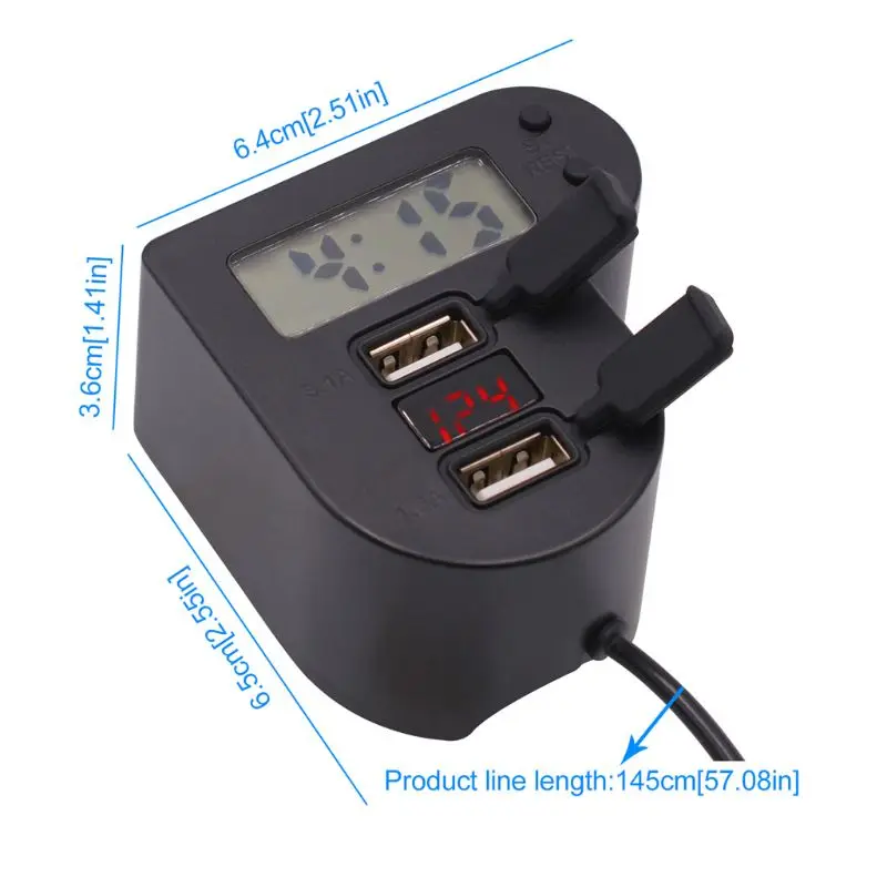 DC12V 24V мотоциклетное двойное USB зарядное устройство с часами времени светодиодный