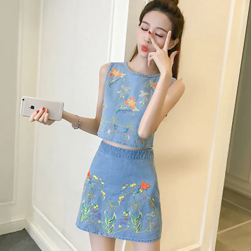 Модные летние джинсовые комплекты с платьем из 2 предметов модные топы вышивкой и
