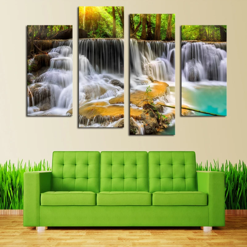 Без рамки 4 панели водопад с деревом Большой HD картина декоративная живопись на