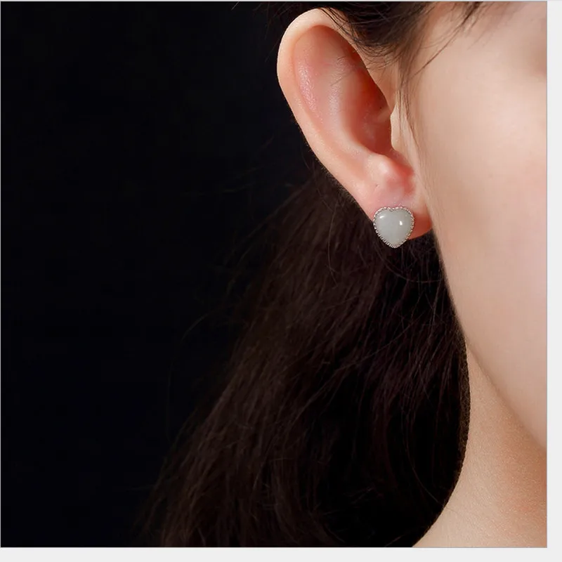 Uglyless Sweet Heart Stud Earrings for Women Luxury Natural White Jade LOVE Fine Jewelry 100% Solid 925 Silver Studs Gift Bijoux | Украшения