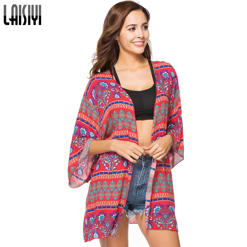 

LAISIYI Summer Print Floral Blouse Women Shirts Kimono Cardigan Beach Boho Blusas Mujer Vintage Sexy Top Long Blouses ASBL20256