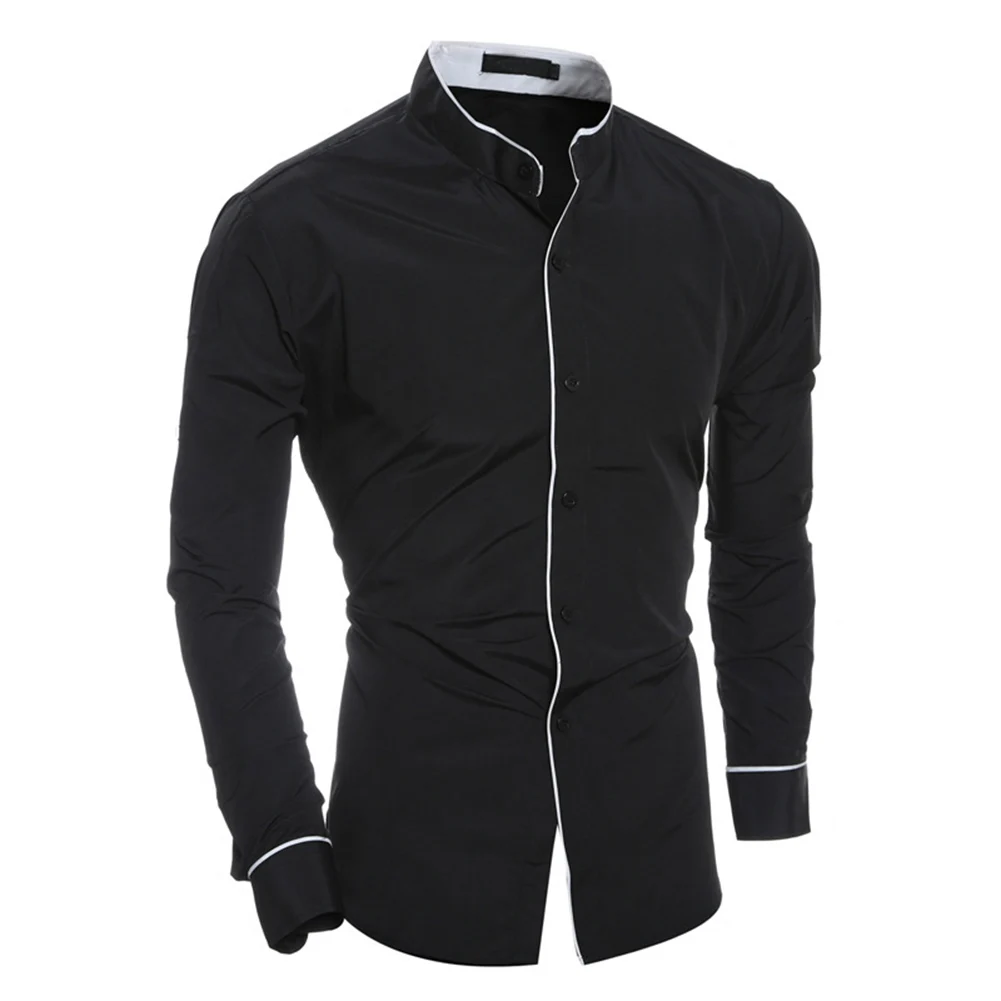 Black Мужской, с длинными рукавами рубашка Slim Fit Стенд воротник просто Повседневное топы на весну H9 - Color: Black