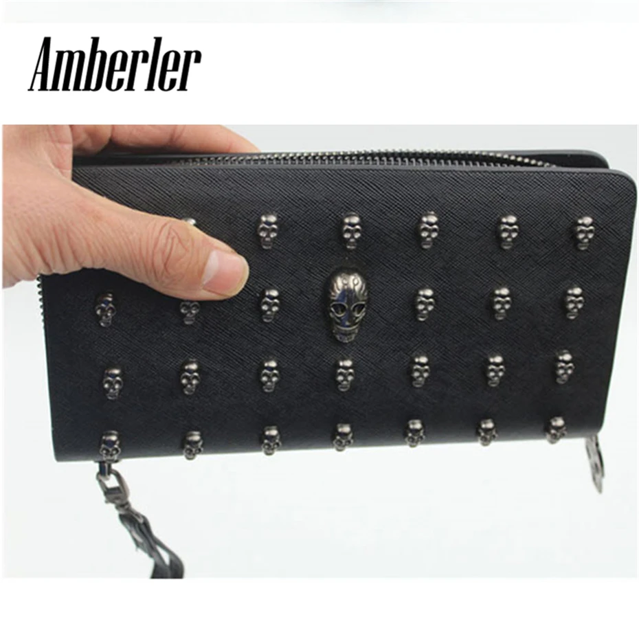 Amberler женский кошелек из искусственной кожи на молнии, длинный клатч с черепом, высокое качество, Женская Роскошная сумочка для карт, Модный женский кошелек для монет