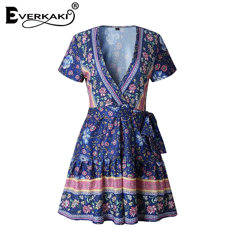 Женское платье-мини с этническим принтом Everkaki Boho Gypsy, с поясом, v-образный вырез, короткий рукав, богемное платье для женщин, лето-осень, новинка - Цвет: Blue