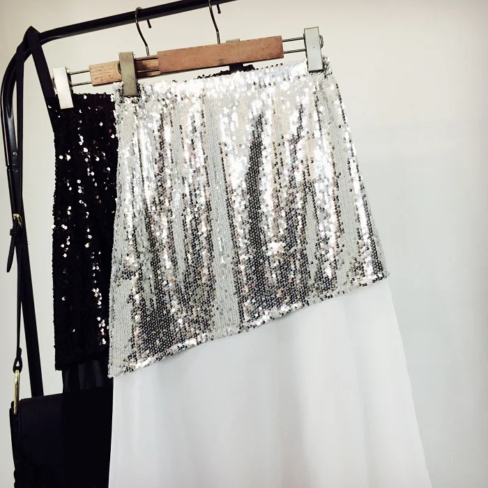 irregular sequins skirt women chiffon pathwork European new ladies personality stitching high waist skirts | Женская одежда