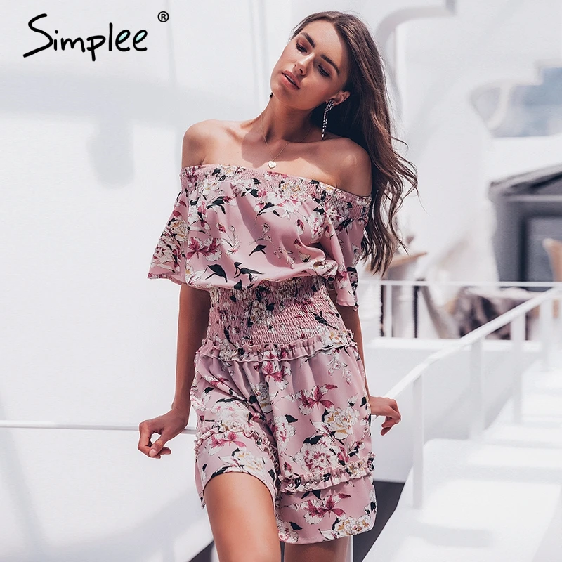 Женское летнее платье Simplee с открытыми плечами и со сборками 2019 короткое в стиле