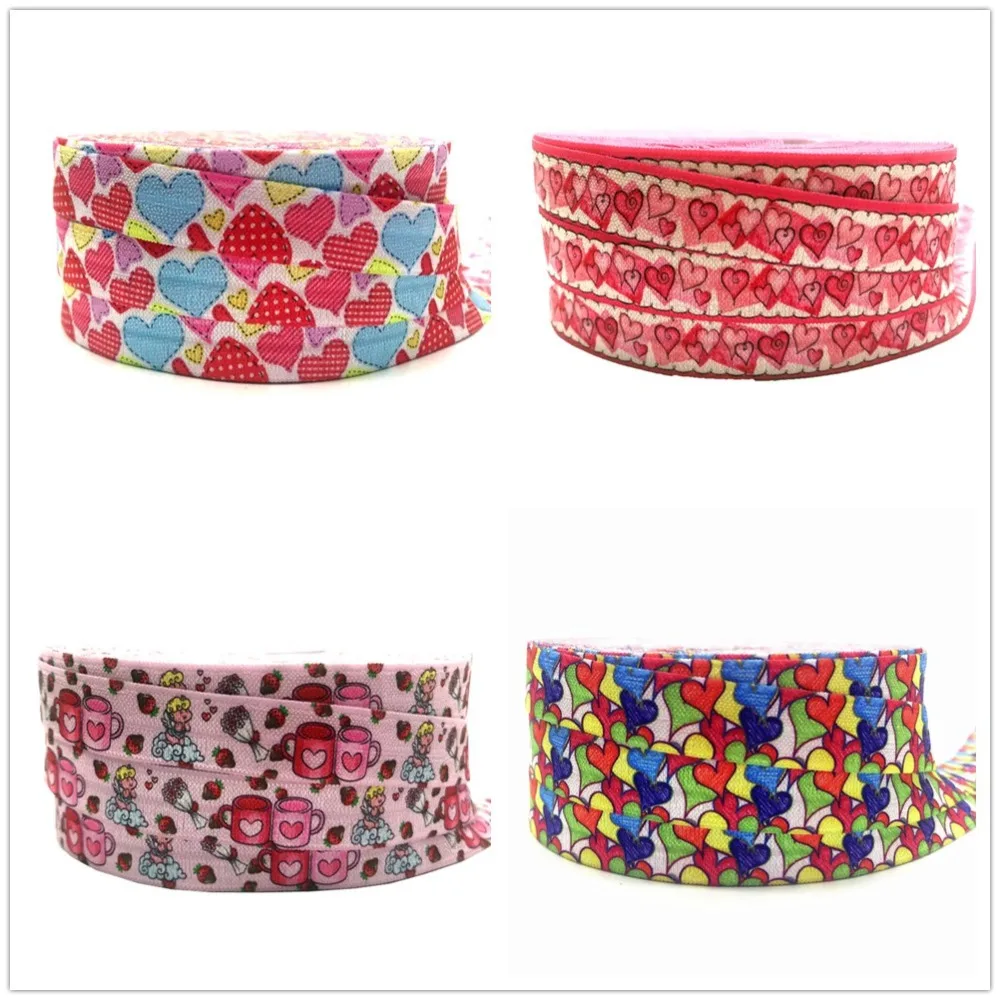 

5 Yards 16mm Valentine's Day Colorful Hearts Printed fold over elastic bands DIY Crafts Apparel Accessories decoration