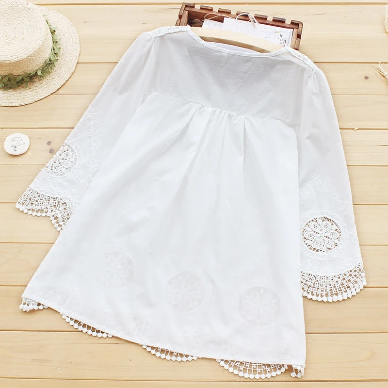 Женская кружевная рубашка повседневная белая с ажурной вышивкой U106|shirt top|mori girlmori top |