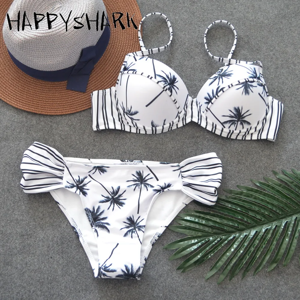 Женское бикини с низкой талией HAPPY SHARK купальный костюм пуш апом и принтом пальм