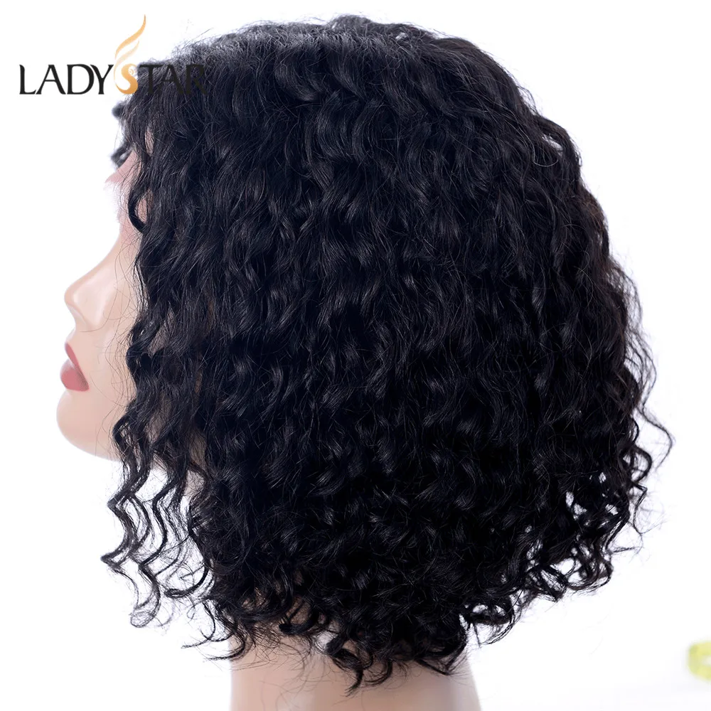 LADYSTAR Короткие Т-образные кружева кудрявые человеческие волосы парик предварительно выщипанные с детскими волосами бразильские волосы remy боб парики для женщин