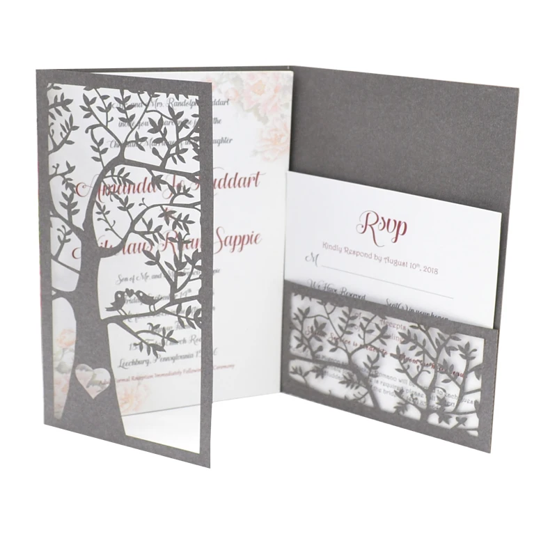 Tri-fold tree type wedding invitation luxury card laser cut | Дом и сад