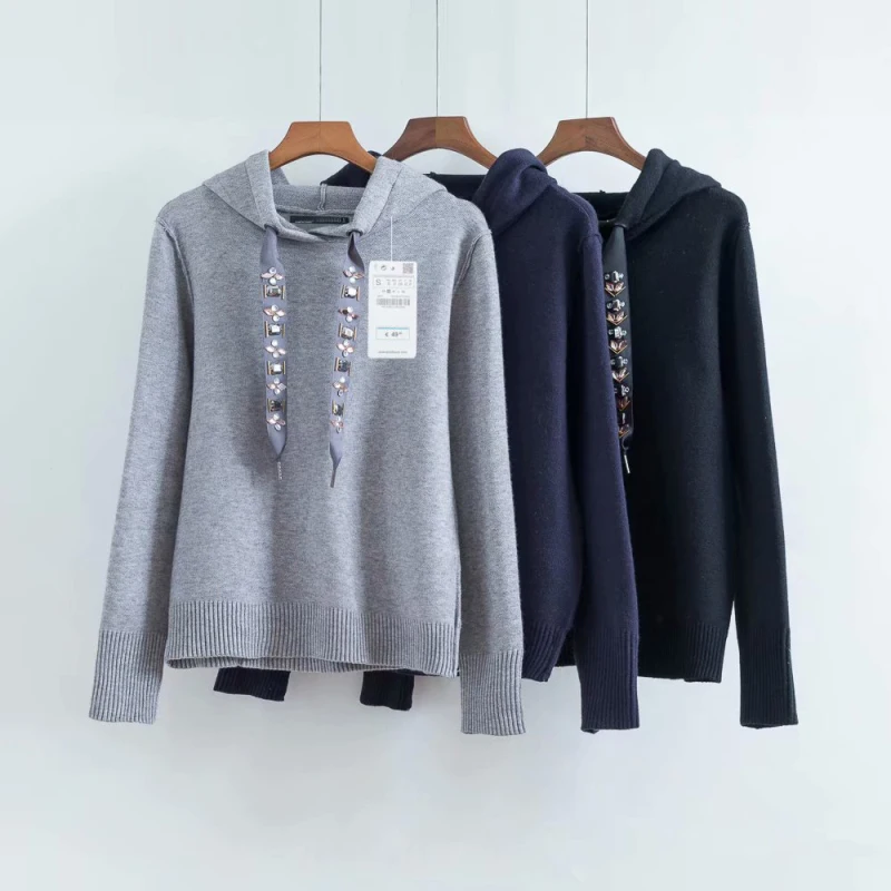 Elegant Female Knitted Beading Sweaters for Womens Jewelry Decoration Hooded Pullovers Women Winter Knitwear Girls Chic Clothes | Женская