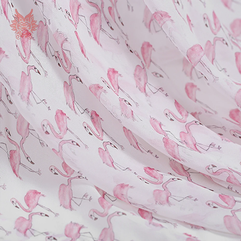 Праздничный Стиль Розовый Фламинго печати 100% натуральная ткань креп жоржет