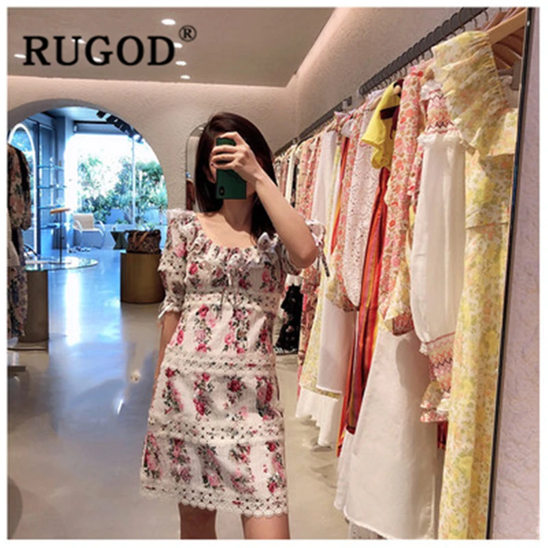 Женское платье с цветочным принтом RUGOD винтажный буф кружевное вырезом и рукавом