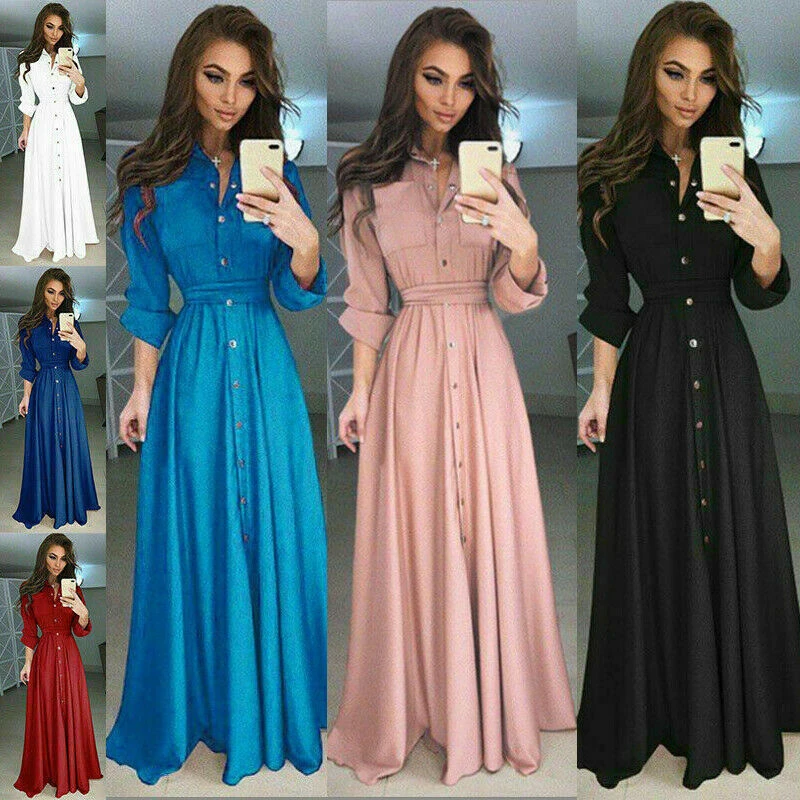 2019 New Fashion Women Long Sleeve Boho Button Dowm Maxi Dress Evening Party Summer Casual Loose Shirt | Женская одежда