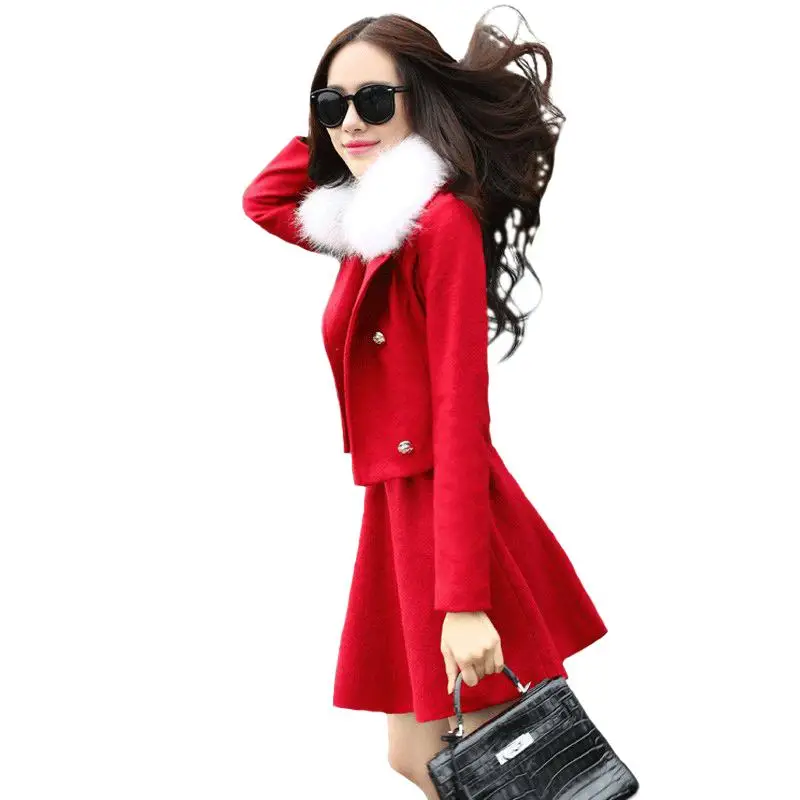 Женский зимний комплект из смеси кашемира с меховым воротником модный новый