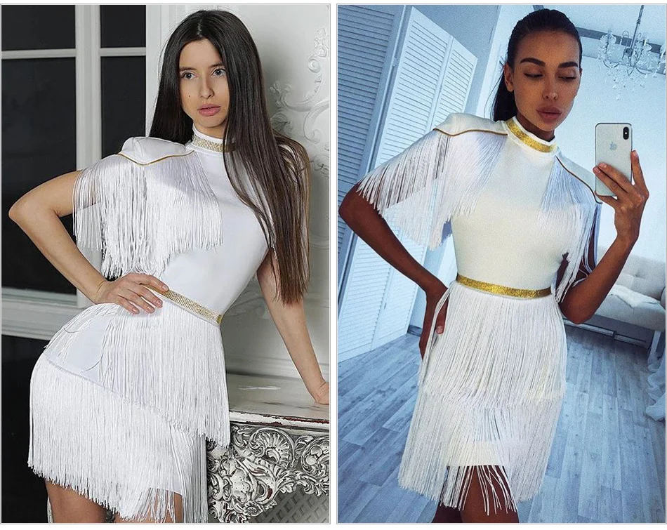 Элегантный металлический кисточкой золото Полосатое платье с повязкой Vestido короткий рукав воротник-стойка многослойная бахрома мини узкие вечерние платья