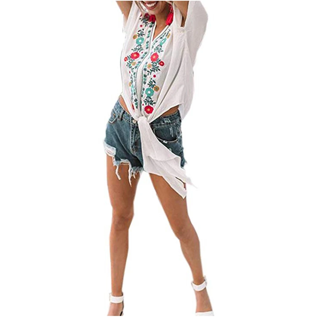 Винтажная белая блузка с цветочной вышивкой женская прозрачная шифоновая