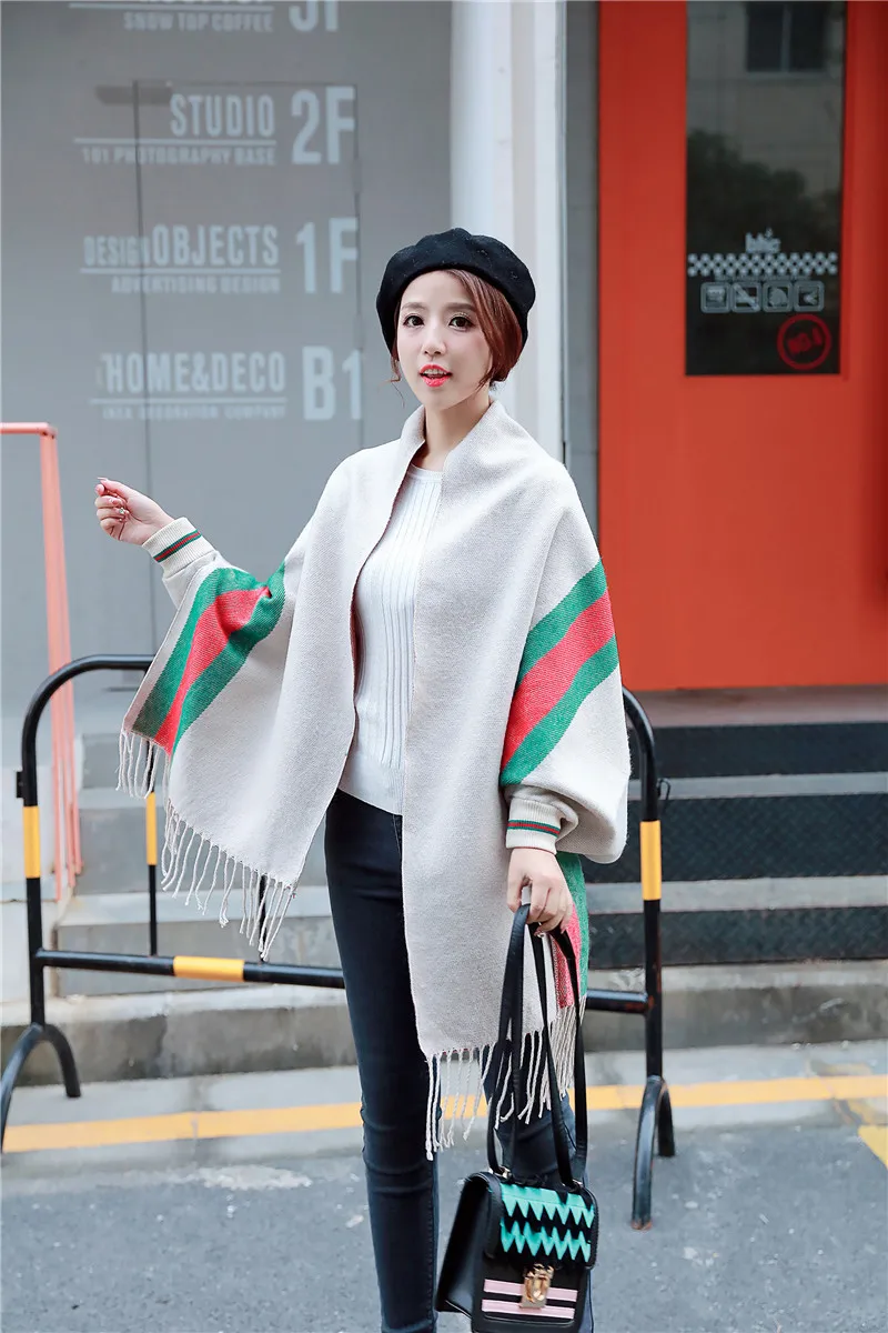 photo color Осеннее женское пончо, femme hiver, в клетку, свободные, с кисточками, вязаные, Длинные Пончо и накидки, шали, женские пончо, y capas mujer, кардиган - Цвет: photo color