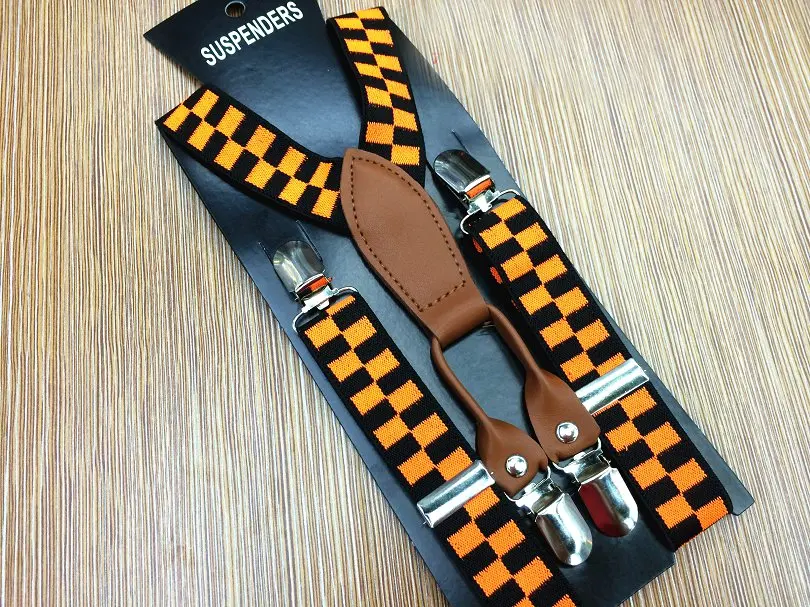 orange plaid Детские эластичные сетчатые подтяжки в клетку, 4 зажима, Детские подтяжки для мальчиков, костюмы, тонкий ремень, ремень, аксессуары-скобы - Цвет: orange plaid