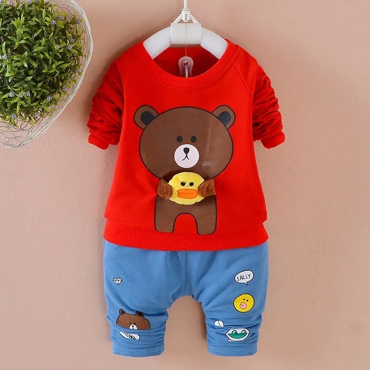 BBYZ bear Red На весну для маленьких мальчиков девочек Повседневная одежда с рисунками из мультфильмов: футболка и штаны 2 шт./компл., Одежда для младенцев, хлопковый Костюмы Модный комплект детской одежды в стиле человека-спортивный костюм - Цвет: BBYZ bear Red