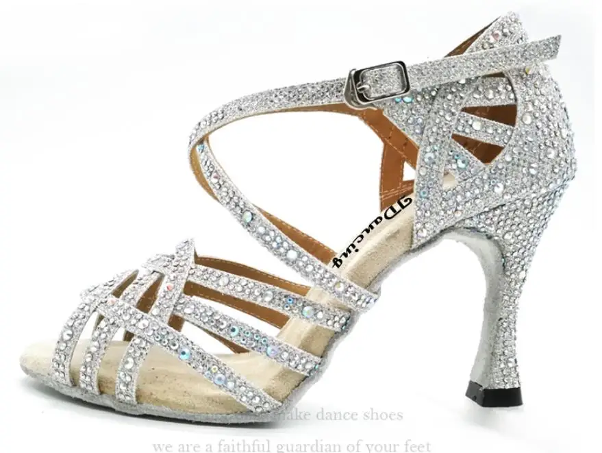 white heel 9cm Женская обувь для латинских танцев; женская Обувь для бальных танцев; стразы; обувь для танго; синяя обувь на высоком каблуке; JuseDanc - Цвет: white heel 9cm